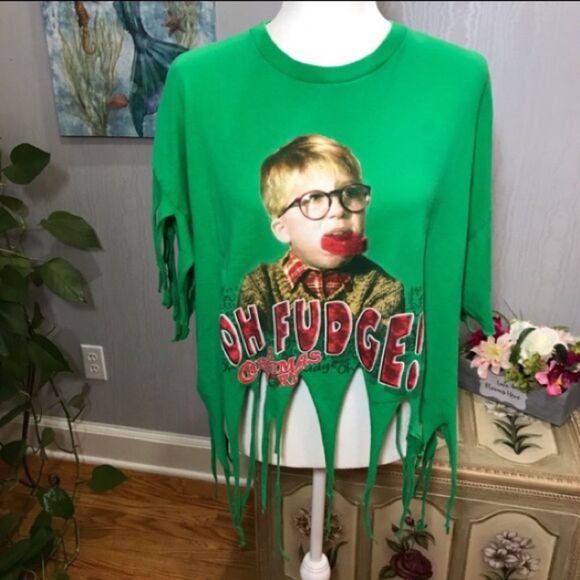 Christmas Story Oh Fudge Ralphie Upcycled Tee Fringe Green Sz XL - Picture 10 of 10
